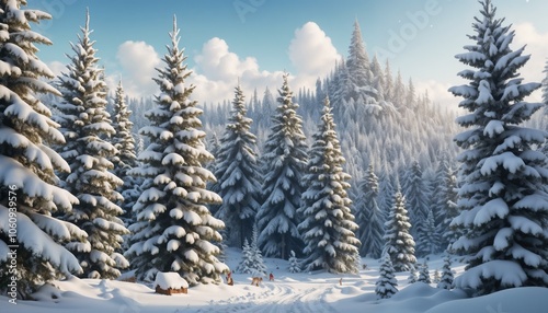 Scenic winter landscape with snow-covered trees and blue sky, peaceful mood, nature view