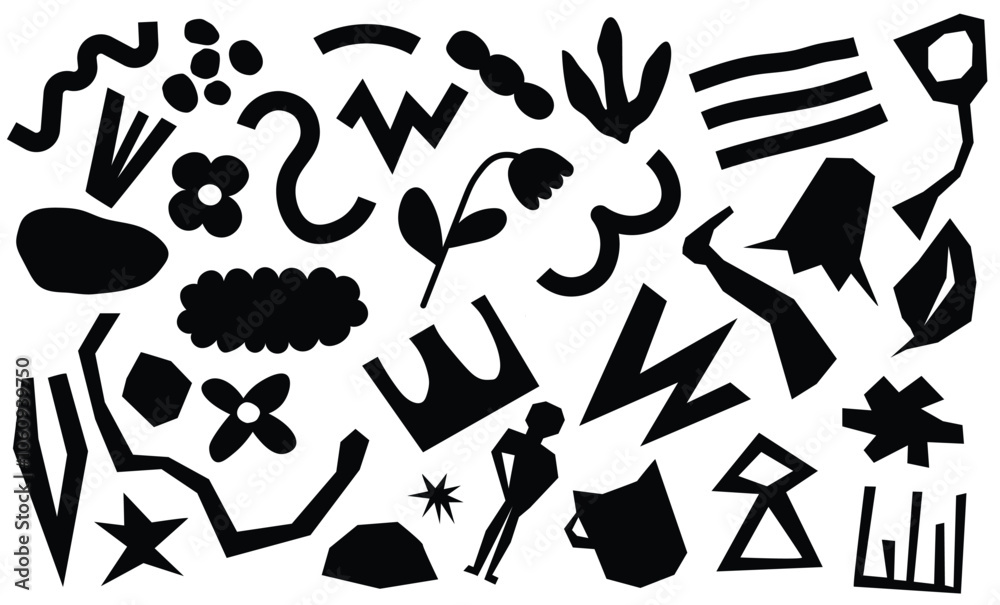 Set of black cutout elements isolated on white background Set of black cutout elements isolated on white background