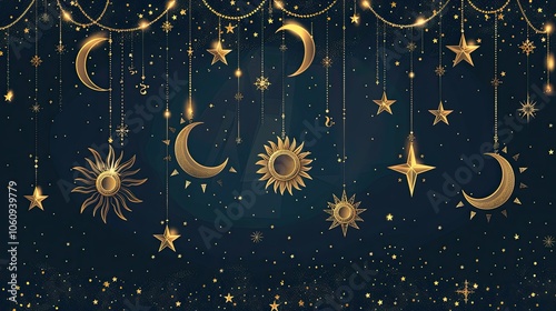 A dark navy blue background with a golden sun and moon hanging from it