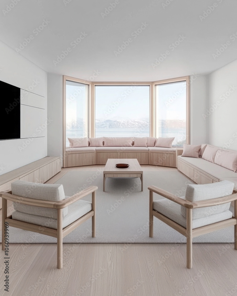 Fototapeta premium Modern minimalist living room with panoramic windows and serene mountain views