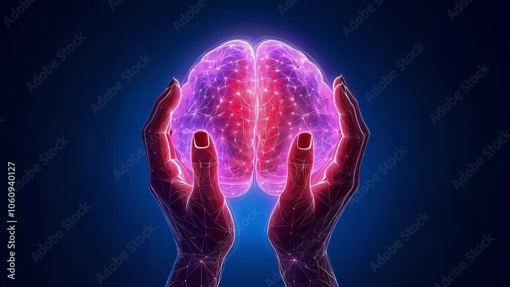 Hands holding a luminous brain against a dark, digital background. Hands holding a luminous brain against a dark, digital background.