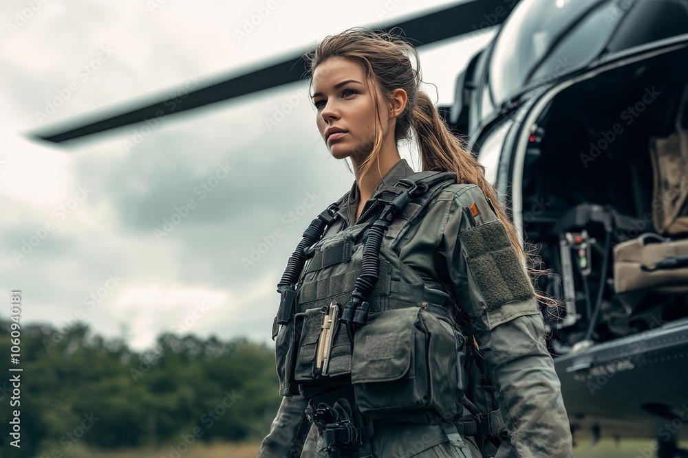 Confident female helicopter pilot posing in front of her aircraft Confident female helicopter pilot posing in front of her aircraft