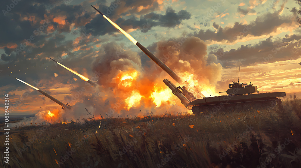 Obraz premium military artillery missile system launches rockets