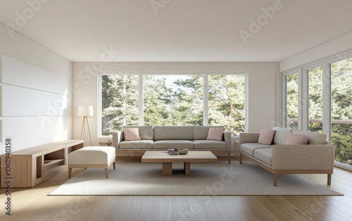 Cozy modern living room with large windows and serene forest view in bright daylight