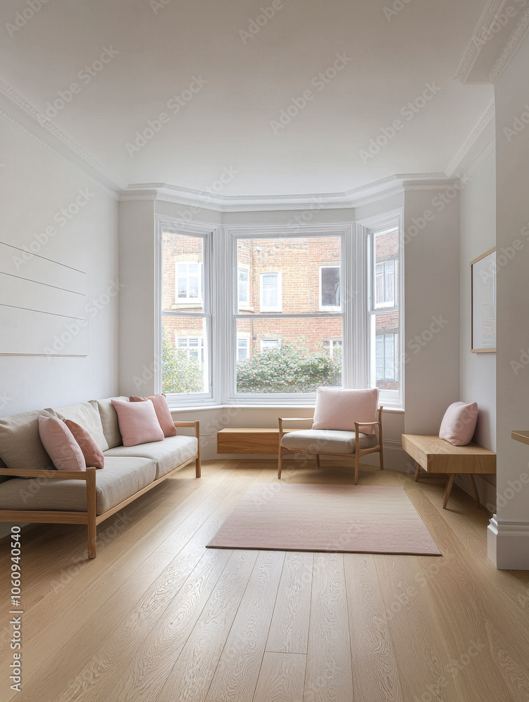 Fototapeta premium Modern minimalist living room with soft furnishings and natural light during the day