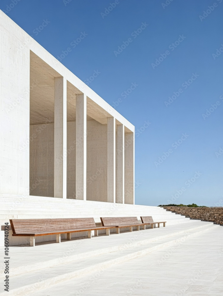 A modern architectural structure with benches under clear blue skies at noon