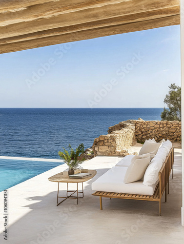 A serene coastal terrace featuring a lounge area and stunning ocean view in bright sunlight