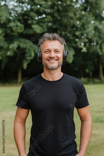 A man wearing headphones and a black shirt is smiling. He is standing in a grassy area