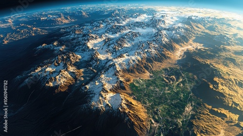 A high-altitude view of Chilea??s map with sunlight casting shadows across its mountain ranges photo