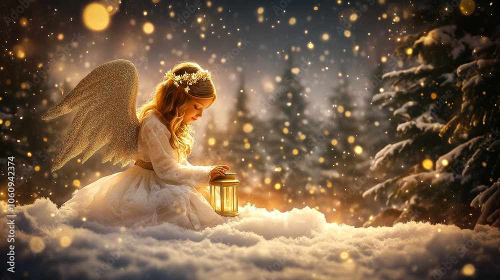 Lovely angel sitting in a snowy forest with a lantern. Chill and calm atmosphere of winter holidays. Beautiful Christmas postcard. Lovely angel sitting in a snowy forest with a lantern. Chill and calm atmosphere of winter holidays. Beautiful Christmas postcard.