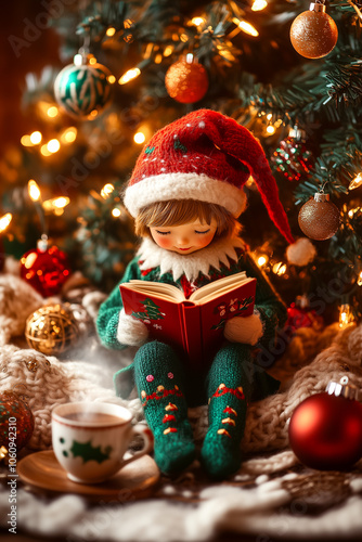 Lovely little boy in a costume of the Santa's elf with bright red hat sitting underneath Christmas tree surrounded by decorations and presents. New year and Christmas atmosphere postcard.