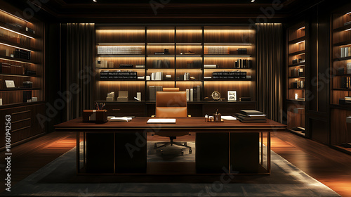 Fototapeta Naklejka Na Ścianę i Meble -  Modern luxury office space or workstation with office supplies and copy space for product display on wooden table under warm lights in the dark room at night, 3d rendering, 3d illustration