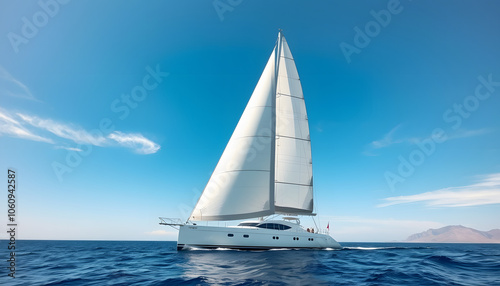 Sailing yacht at Mediterranean Sea. Sail. Boat. Helicopter view. Aerial. Palma de Mallorca. Super sailing yacht. Full sail isolated with white shades, png