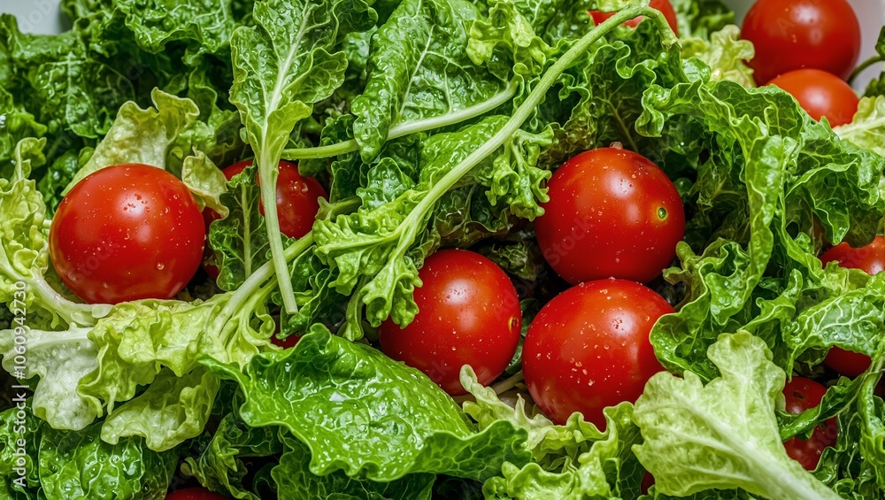 Freshly washed lettuce leaves and cherry tomatoes in a salad bowl Freshly washed lettuce leaves and cherry tomatoes in a salad bowl
