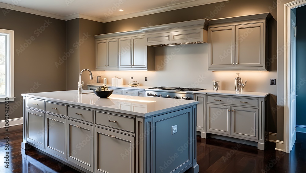 Modern Kitchen Island with White Countertops and Grey Cabinets Modern Kitchen Island with White Countertops and Grey Cabinets