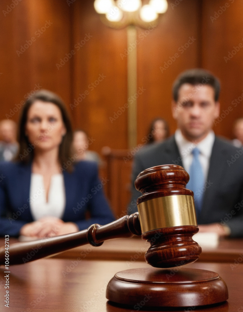 Close-up of a courtroom gavel in focus with a blurred couple in the background, symbolizing relationship decisions, divorce, or legal judgments involving personal and family matters