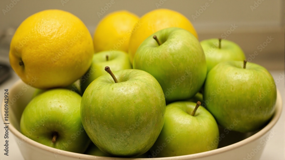 Fresh green apples and vibrant lemons in a ceramic bowl   a colorful and refreshing display