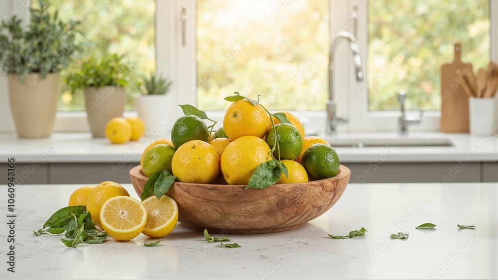Fresh lemons and limes in wooden bowl on sunny countertop Fresh lemons and limes in wooden bowl on sunny countertop