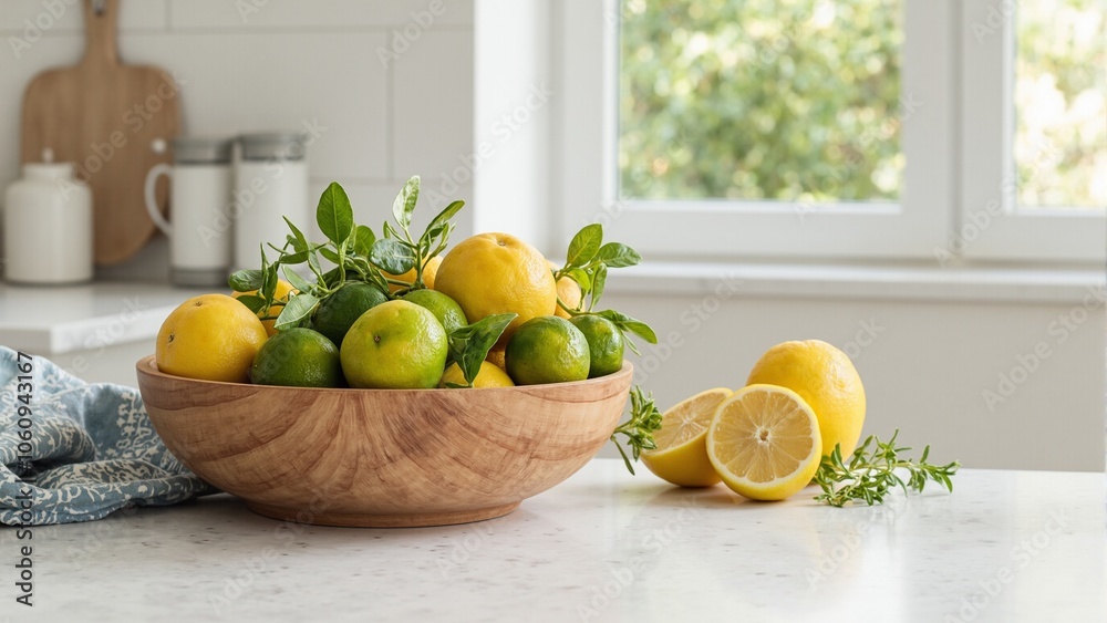 Fresh lemons and limes in wooden bowl on sunny countertop Fresh lemons and limes in wooden bowl on sunny countertop