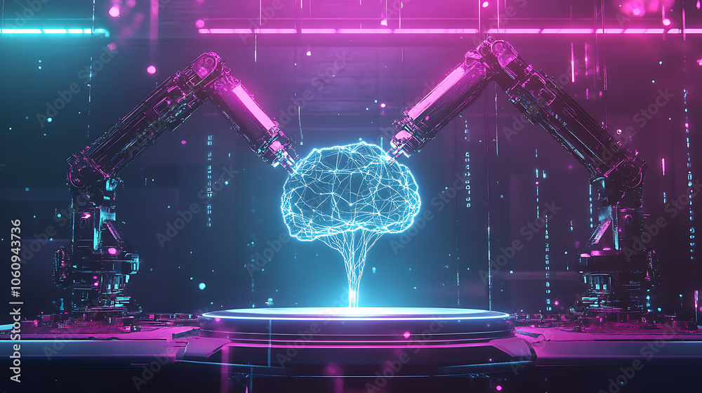 Neural network or artificial intelligence in industry 4, 0, Robotic arms creates neural network on podium in virtual reality, Industrial revolution, Concept of futuristic industry technology
