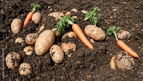 Freshly harvested organic potatoes and carrots covered in rich soil photo