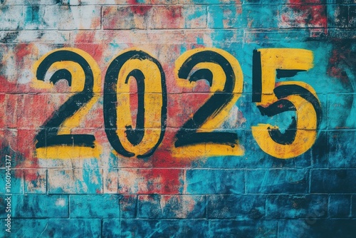 Colorful mural depicting the year 2025 on a concrete wall in an urban setting, showcasing vibrant artwork photo