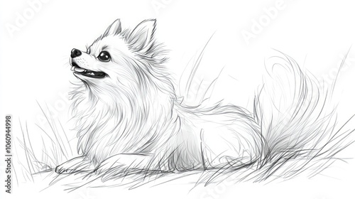 A hand-drawn sketch of a small dog lying in the grass.