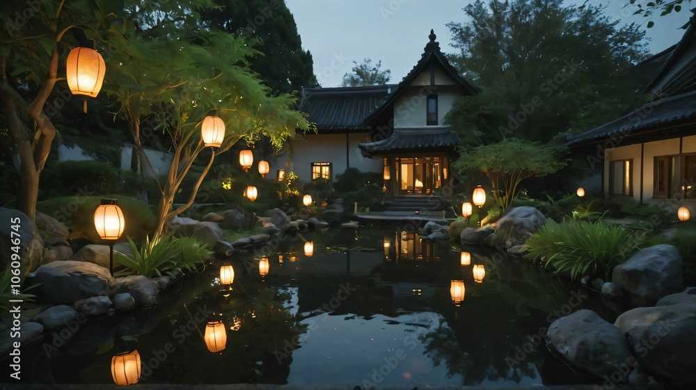 Obraz premium A quiet garden lit by lanterns with a small koi pond