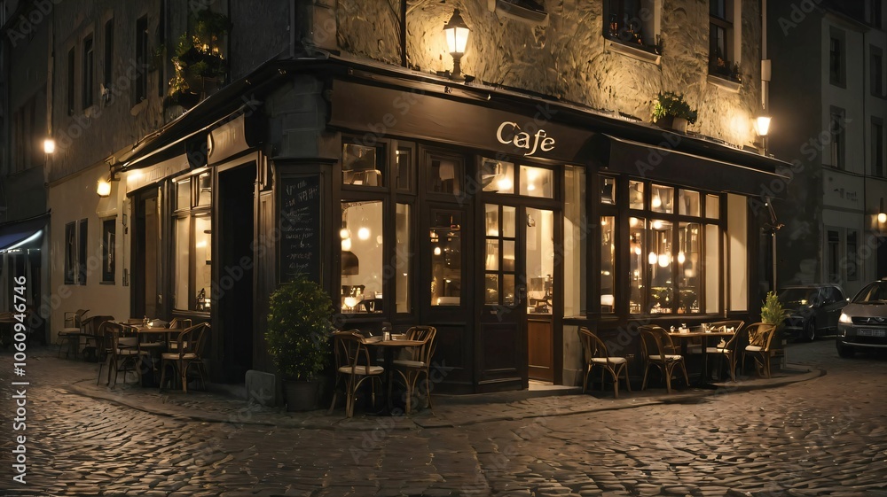 A small cozy caf? lit up at night on a cobblestone street A small cozy caf? lit up at night on a cobblestone street