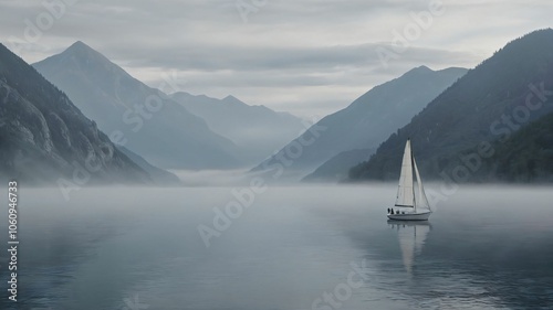 A lone sailboat on a fogcovered lake with mountains barely visible photo