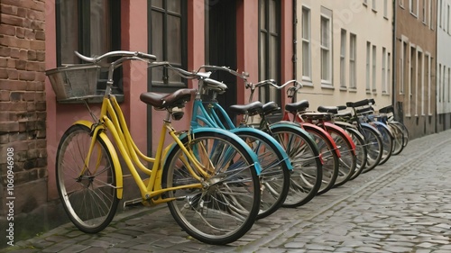 Brightly painted vintage bicycles lined up along a cobbled street photo