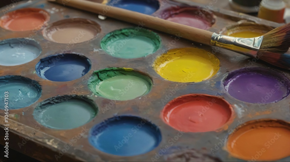 Closeup of a painters palette with vibrant colors blending Closeup of a painters palette with vibrant colors blending