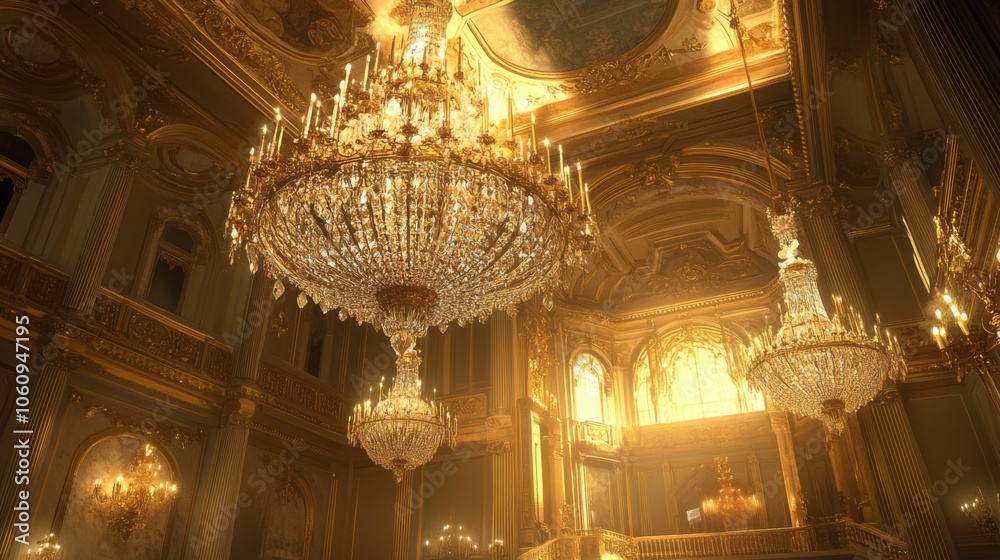 An opulent chandelier made of crystal and gold hanging from a grand ceiling, illuminating a lavish ballroom An opulent chandelier made of crystal and gold hanging from a grand ceiling, illuminating a lavish ballroom