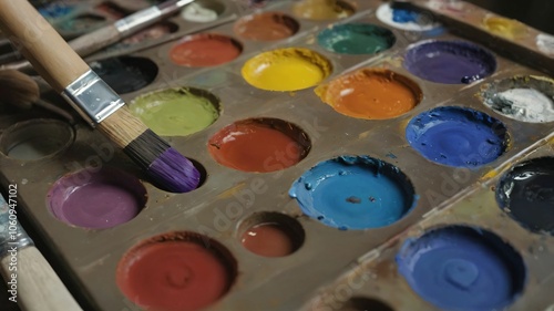 Closeup of a painters palette with vibrant colors blending photo