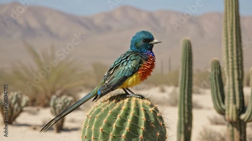 Colorful bird perched on a cactus in a sandy landscape