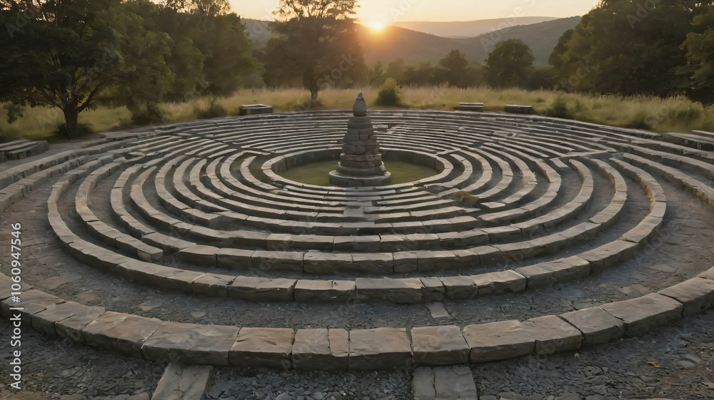 Meditation circle at dawn in a stone labyrinth Meditation circle at dawn in a stone labyrinth