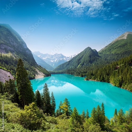 turquoise lake surrounded by mountains and forests