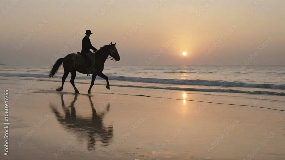 Person riding a horse across a sandy beach at dawn Person riding a horse across a sandy beach at dawn