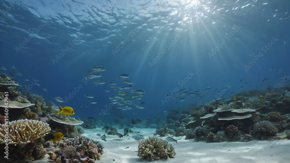 Fototapeta premium Underwater scene with schools of fish swimming around coral reefs