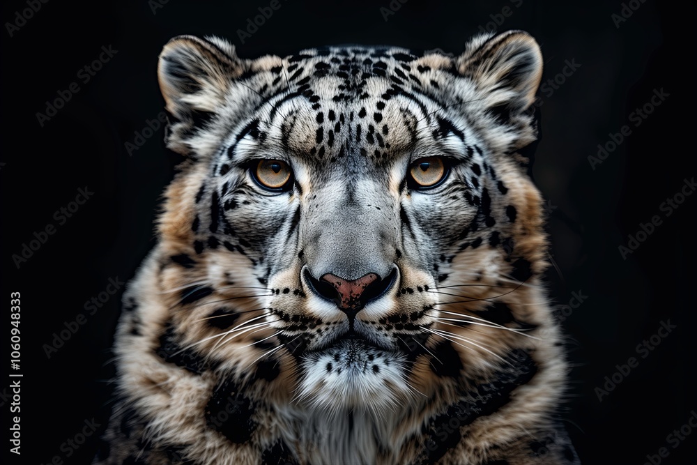 Frontal Portrait of Snow Leopard Against Black Background Frontal Portrait of Snow Leopard Against Black Background