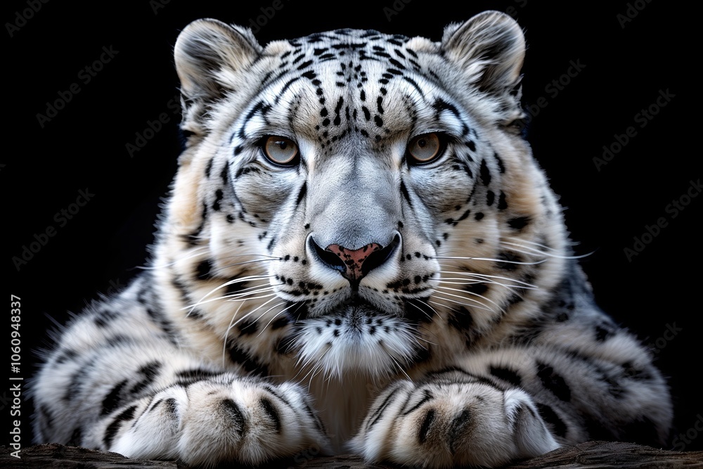 Frontal Portrait of Snow Leopard Against Black Background Frontal Portrait of Snow Leopard Against Black Background