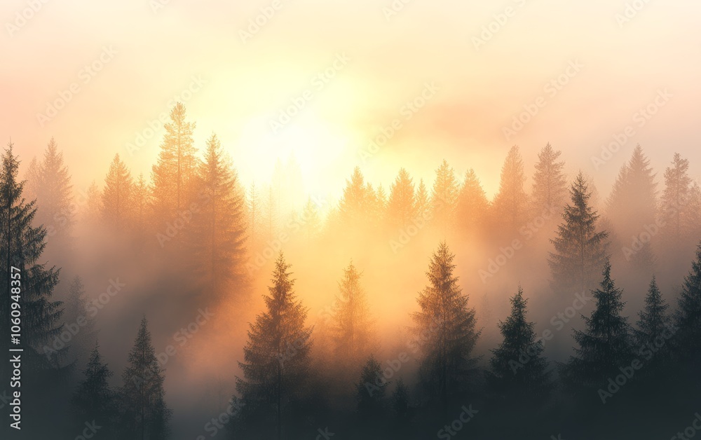 Fototapeta premium Sunrise Over Foggy Forest with Golden Light