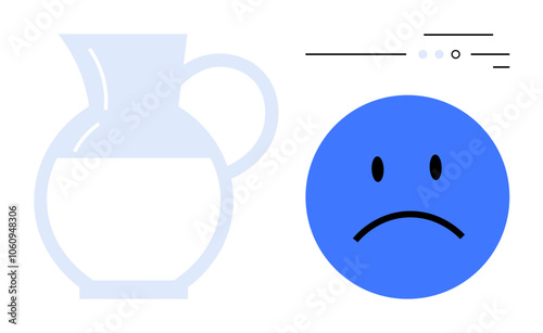 Transparent milk jug partly filled with milk next to a blue sad face emotion and horizontal lines. Ideal for emotions, sadness, food and drink, minimalism, icons, infographics, and web design. Line