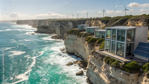 Future Tense: Sustainable Cliffside Homes with Ocean View and Wind Turbines photo