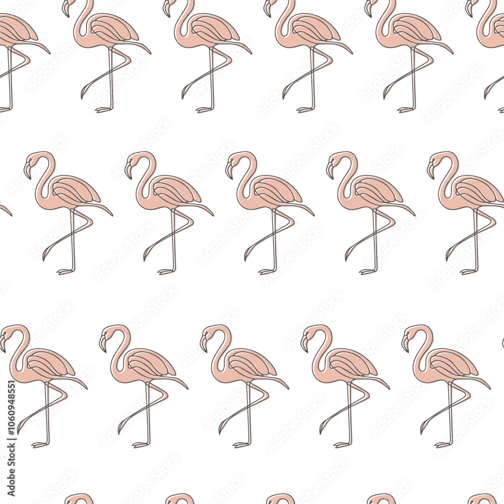 Fototapeta premium Tropical seamless pattern with outlined flamingos on white background