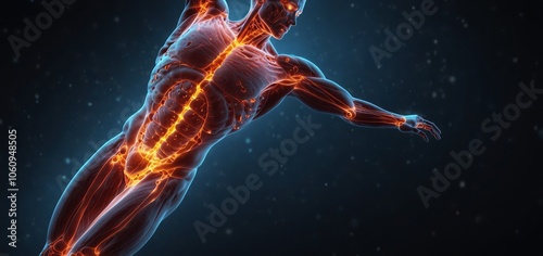 Human body halogram in rays. Digital anatomy  Medical technology  Muscle structure  Health innovation, 3D model, DNA biotechnologyy Body system  Healthy anatomy concept photo