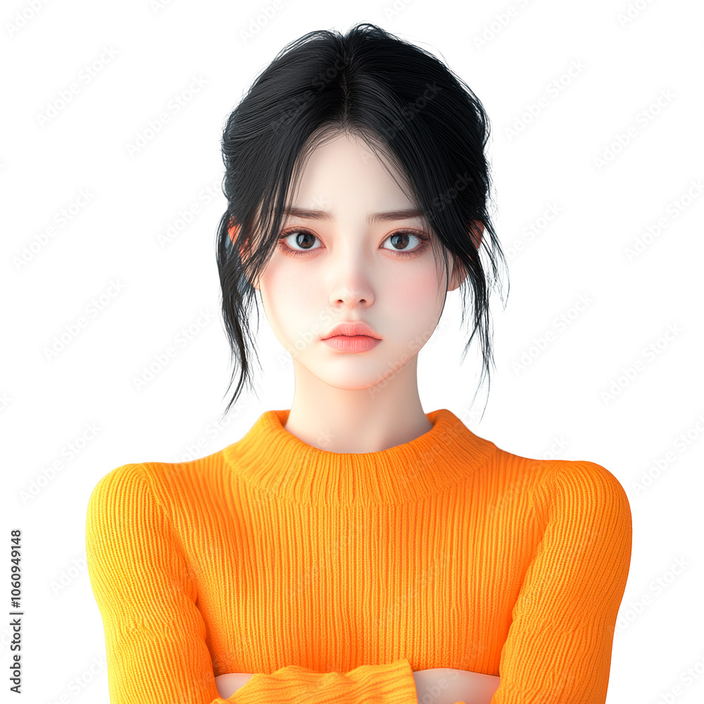 3D rendered beautiful Asian woman with black hair wearing an orange turtleneck sweater isolated on white background digital art illustration portrait fashion beauty lifestyle concept