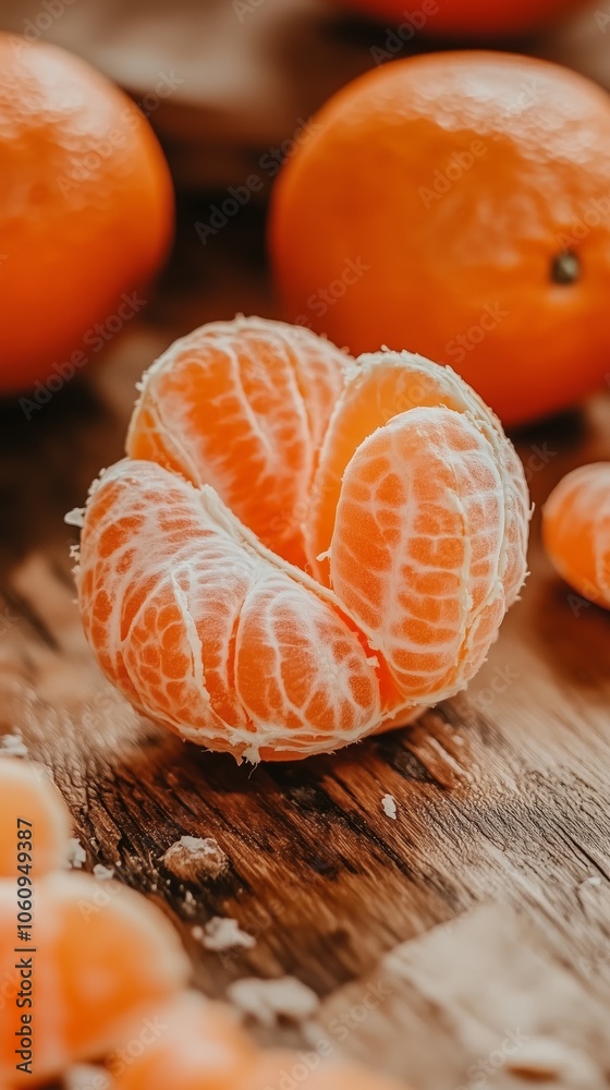 Close-up of juicy, peeled mandarin segments on a rustic wooden background, highlighting the fruit's vibrant and fresh appearance. Close-up of juicy, peeled mandarin segments on a rustic wooden background, highlighting the fruit's vibrant and fresh appearance.