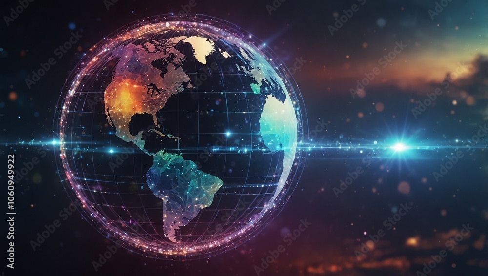 Image of circles with circles around globe and lens flares over abstract background. Digitally generated, hologram, illustration, globalization, telecommunication and technology concept Image of circles with circles around globe and lens flares over abstract background. Digitally generated, hologram, illustration, globalization, telecommunication and technology concept