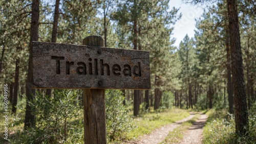 Rustic trailhead signpost in pine forest